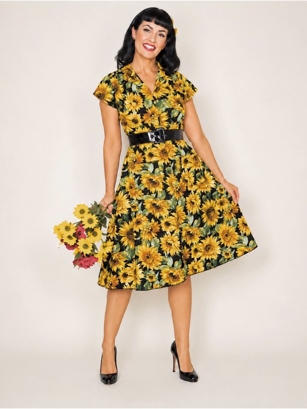 Bernie Dexter Rachel Sunflower 100% Cotton Dress Front Zip Collared Size L